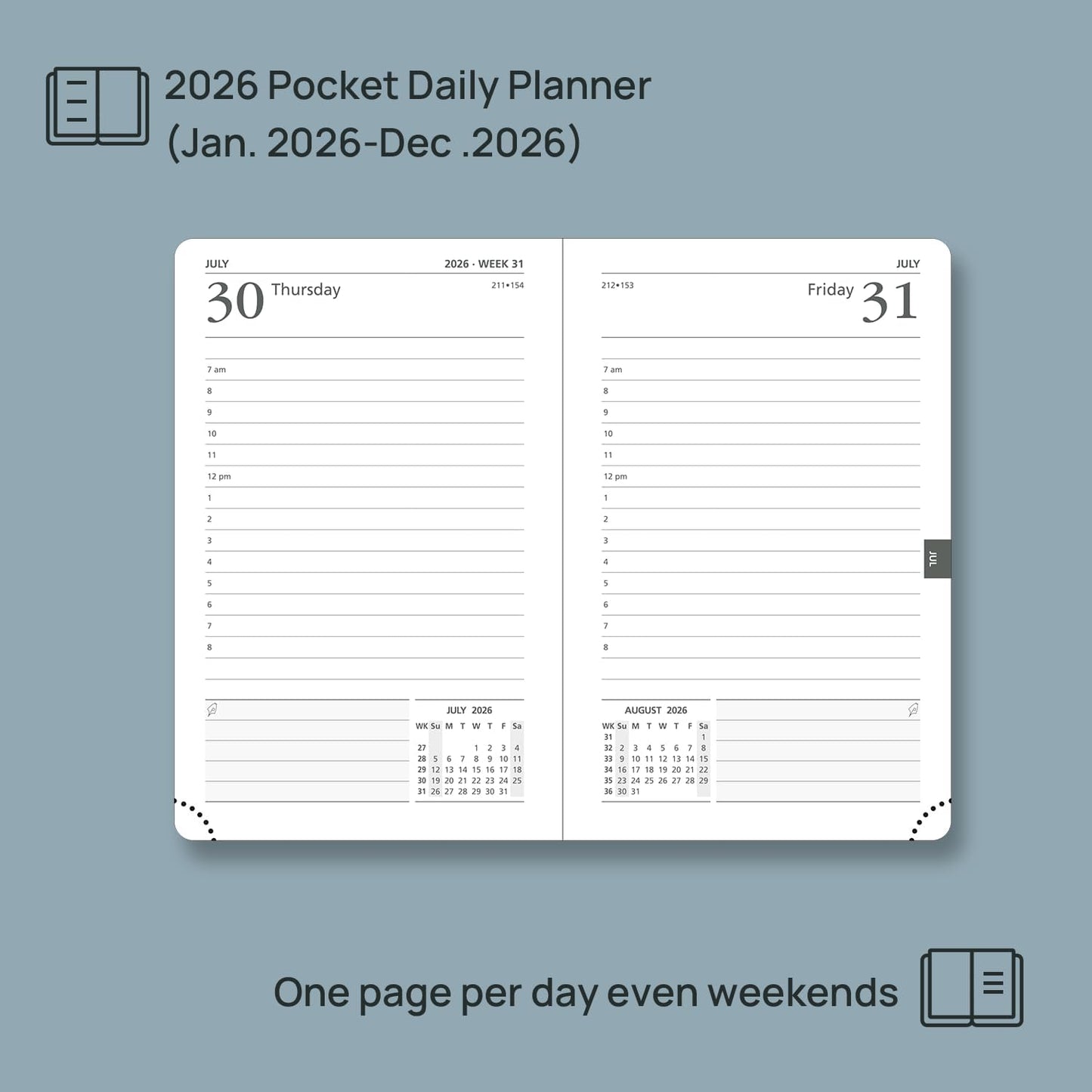 POPRUN Daily Planner 2026 (Jan - Dec), (Purse Size-4.25" x 6.25") 2026 Daily Calendar with One Page Per Day Even Weekends, Hourly Appointment Book with Pocket, PU Leather Softcover - Purple