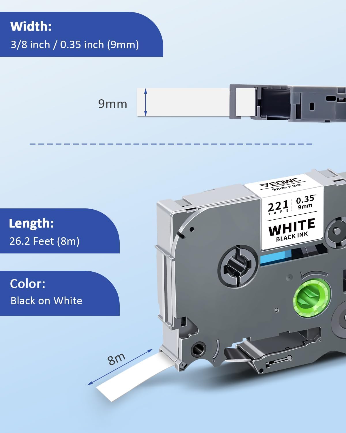 TZ Tape Tz-221 9mm 0.35 Laminated White Tape Compatible for Brother P-Touch TZe221 3/8 Inch Refill Work with Brother Label Maker Tape PT-D210 PT-D220 PT-H110 PT-1890 PT-D600 PT-D410, 4-Pack