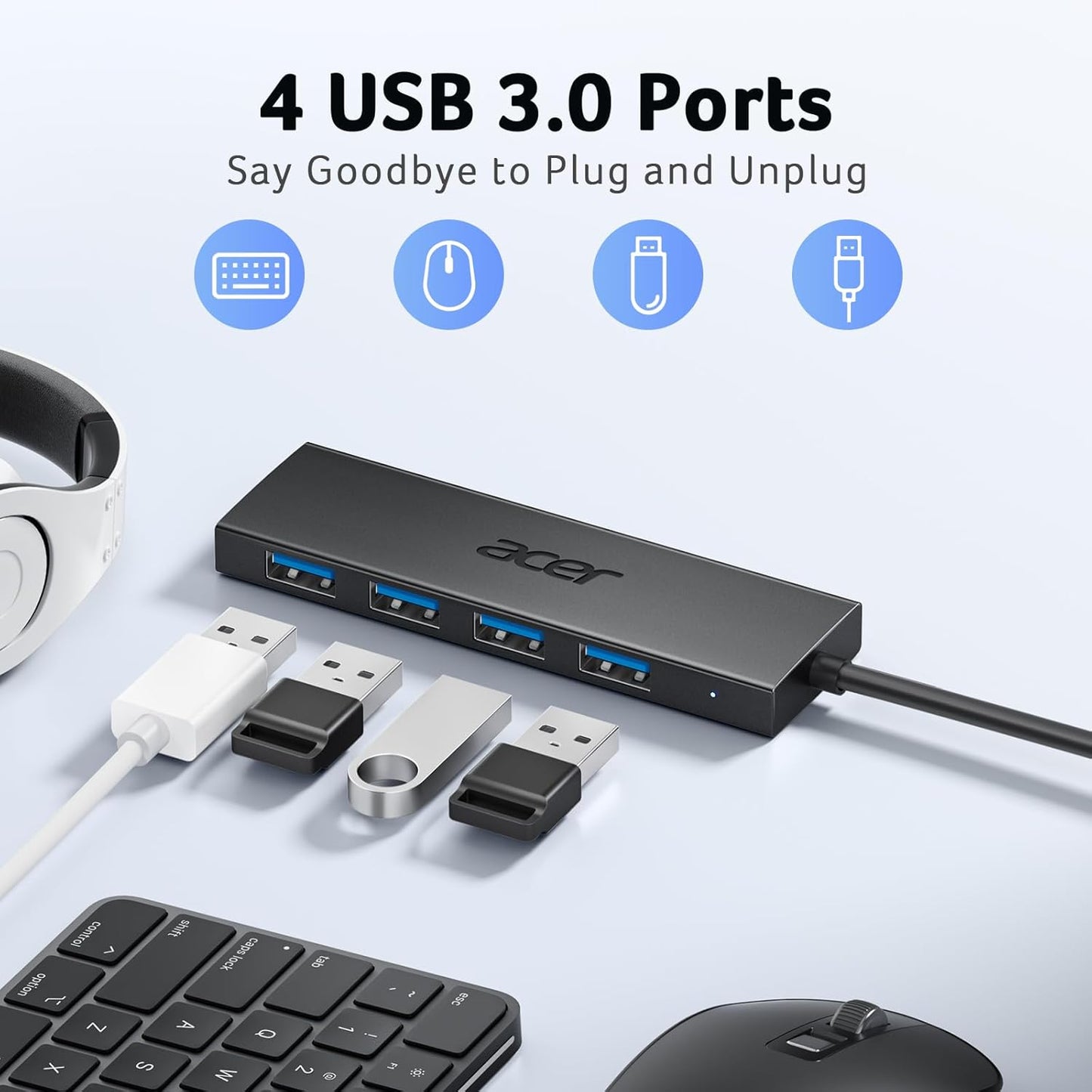 Acer USB Hub 4 Ports, Multiple USB 3.0 Hub, USBA Splitter for Laptop with Type C Power Port, Extender for A Port Laptop, PC, Desktop and More (0.7ft)