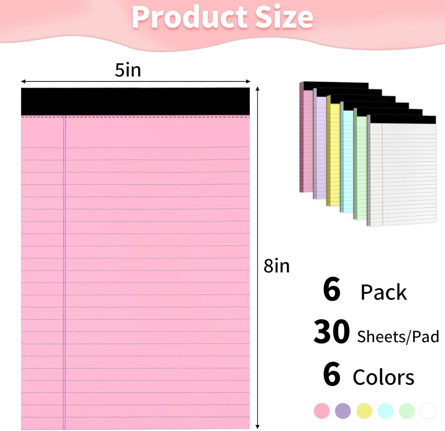 WINKIO Legal Pads 5" X 8", 6 Pack Colored Note Pads, College Ruled Yellow Lined Paper Pads, Letter & Legal Ruled Pads, 30 Sheets per Small Writing Pads 5x8 for School, Home, Office, Business