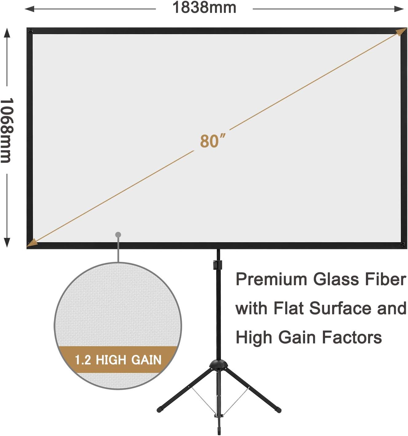 Portable Projector Screen with Stand, Outdoor Movie Screen, 80 Inch 16:9, Light-Weight, Mobile and Compact, Easy Setup and Carrying, Projection Screen with 1.2 Gain Glass Fiber, Idea for Home Cinema.
