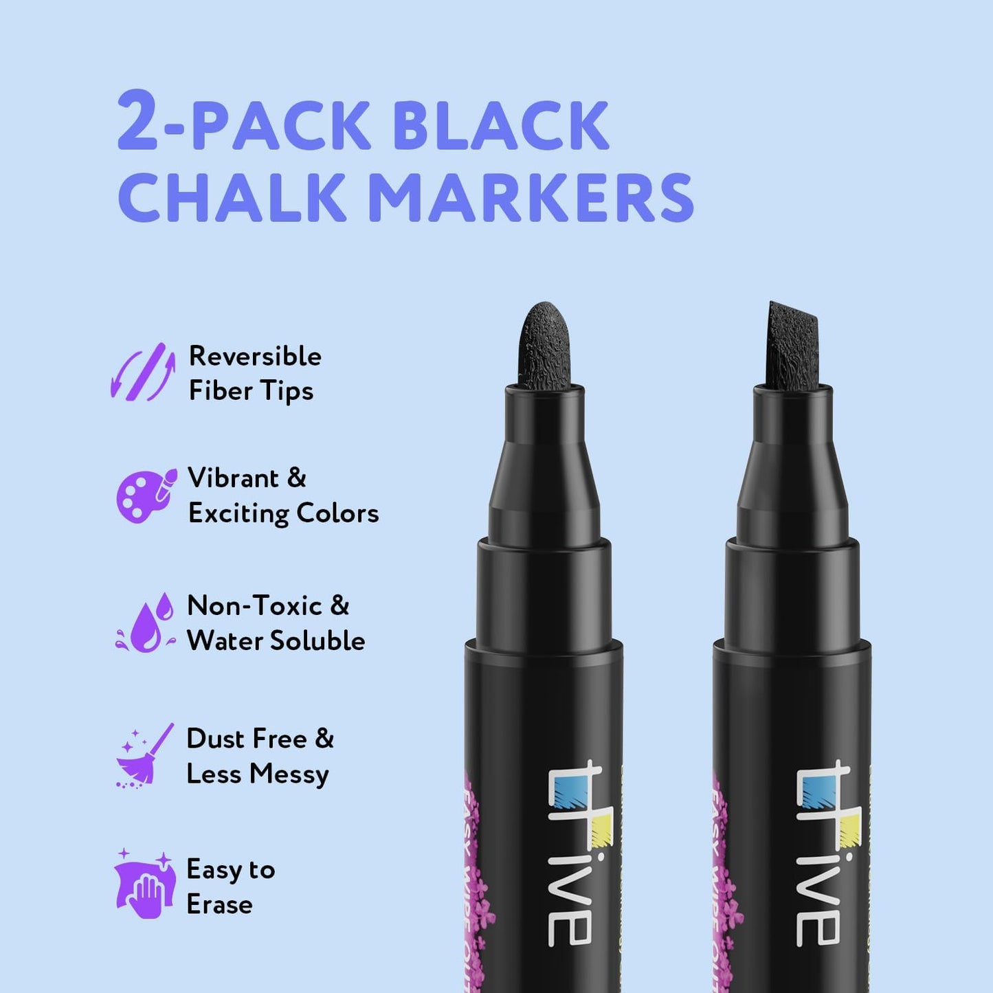 TFIVE Black Liquid Chalk Markers - 2 Pack Bright Colors Erasable Chalk Marker Pens, Reversible Tip, Non-Toxic, for Chalkboards, Signs, Glass, Easy to use Chalk markers TF800