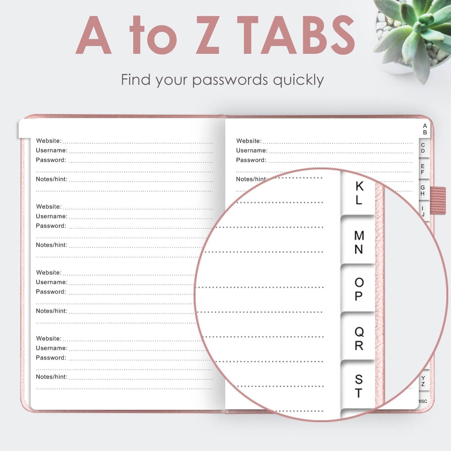 Elegant Password Book with Alphabetical Tabs - Hardcover Password Book for Internet Website Address Login - 7" x 10" Password Keeper and Organizer w/Notes Section & Back Pocket (Rose Gold)