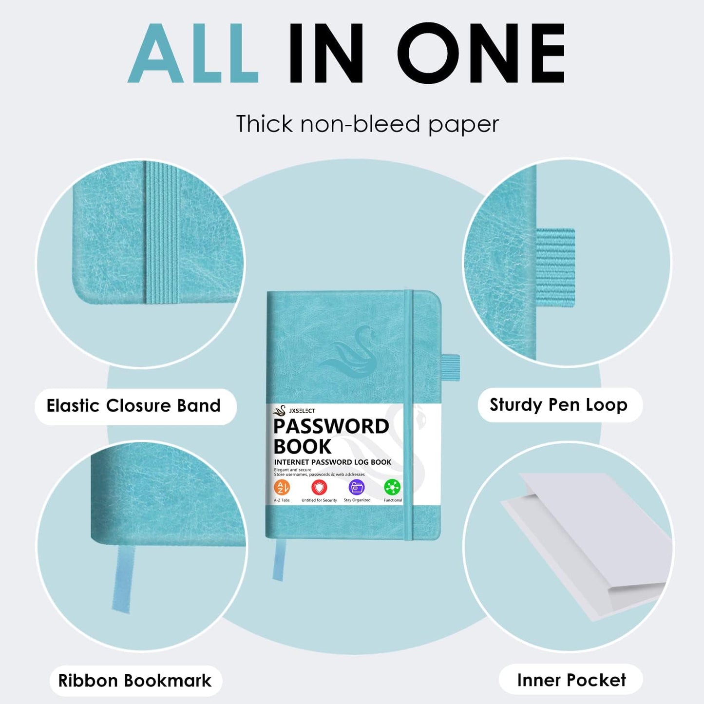 Elegant Password Book with Alphabetical Tabs - Hardcover Password Book for Internet Website Address Login - 5.2" x 7.6" Password Keeper and Organizer w/Notes Section & Back Pocket (Turquoise)