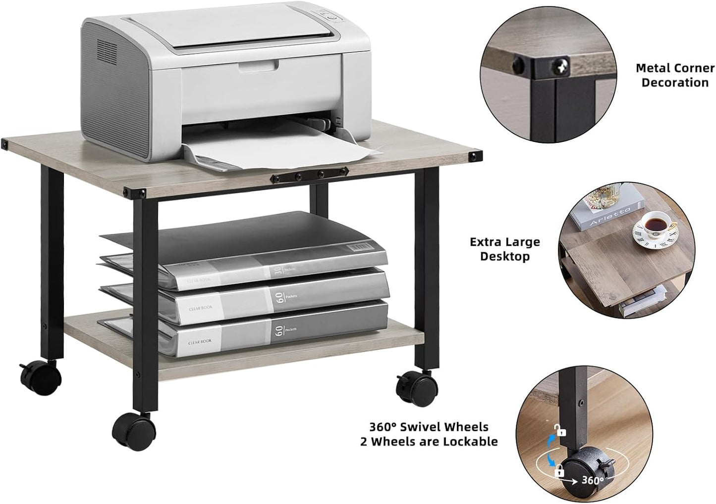 Lerliuo Under Desk Printer Stand, 2-Tier Industrial Mobile Printer Table with Storage Shelf and Steel Frame, Rolling Printer Cart Holder with Lockable Wheels for Home, Office (Grey)