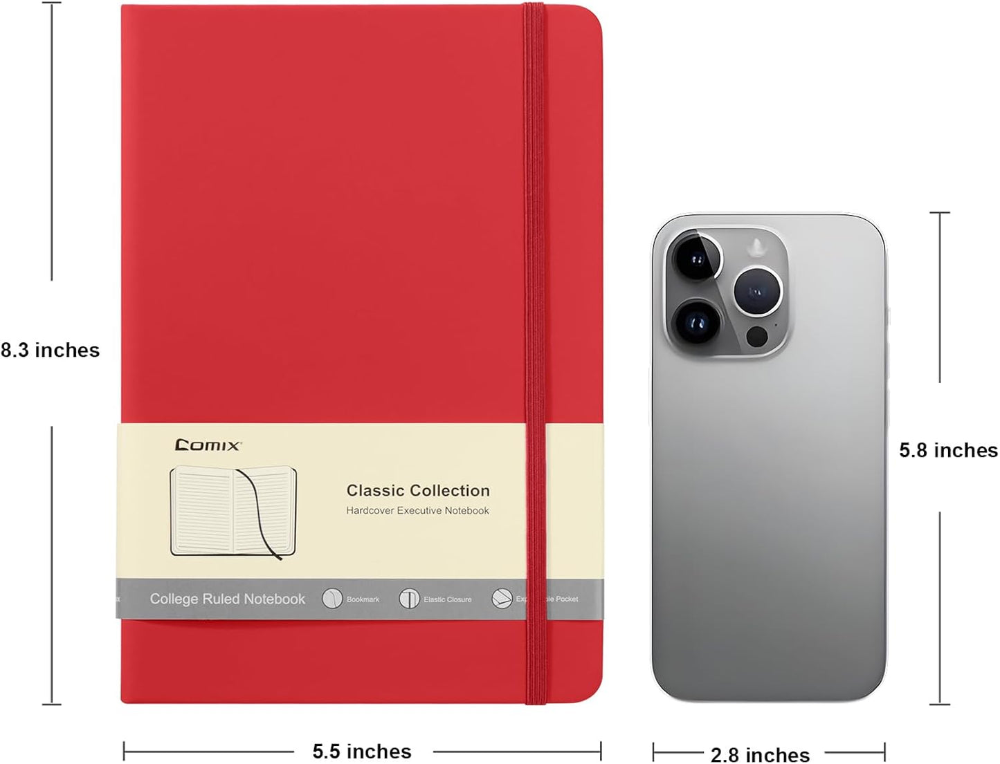 Comix Lined Journal Notebook for Women Men, Journaling Notebooks for Office School Home, 240 Pages, 5.5" x 8.3", College Ruled, A5, Hardcover, Red