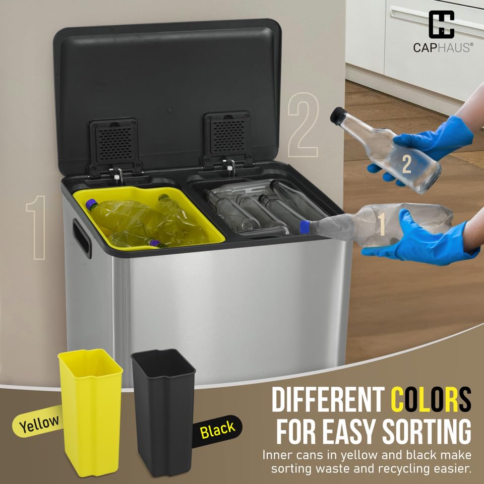 CAPHAUS Black Dual Trash Can w/Single Lid, Trash & Recycle Bins Combo, Hands-Free Stainless-Steel Garbage Can for Kitchen, with 2 Compartment, Hinged Lid, Odor Filters, Handles, 30L+30L, 2 x 8 Gal