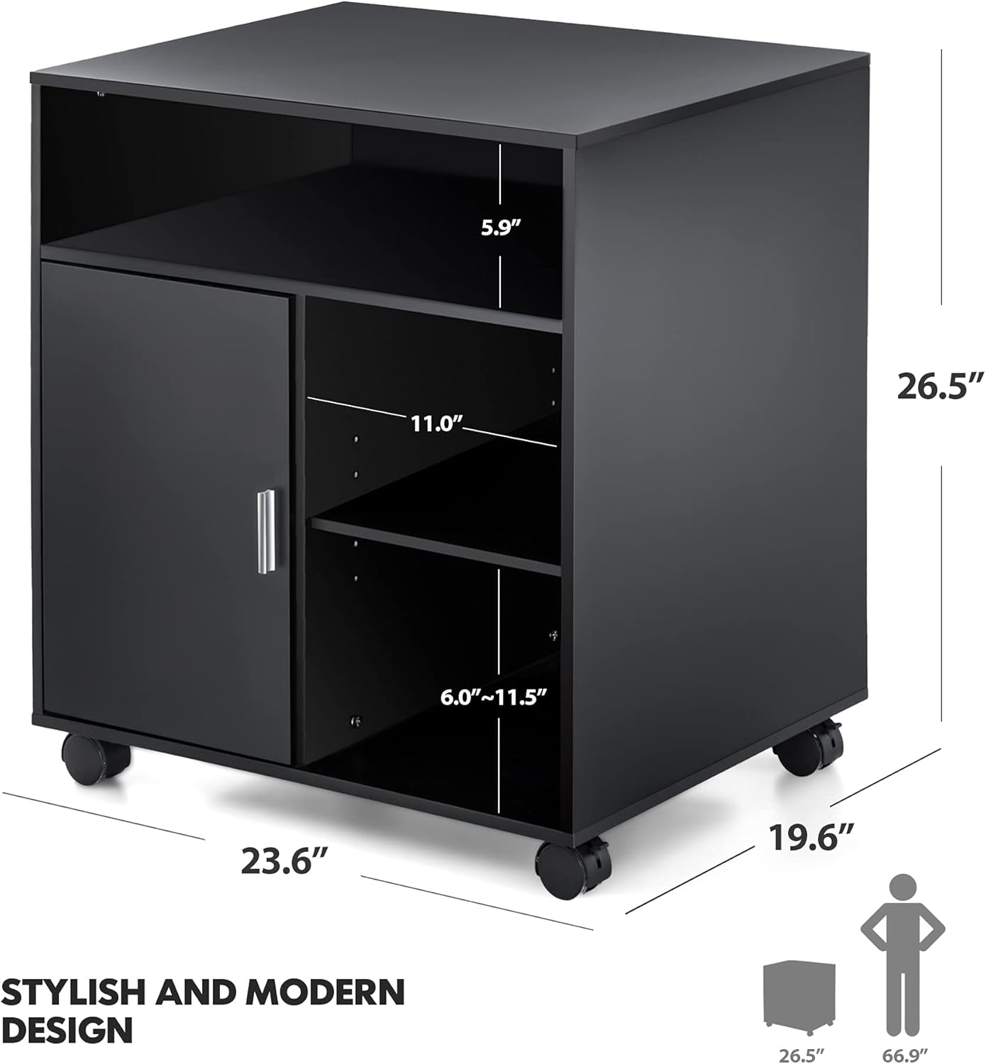 FITUEYES Printer Stand with Storage Adjustable Shelves, Wood Mobile Cart with Door, Rolling File Cabinet on Wheels for Home Office, Black, PS406001WB