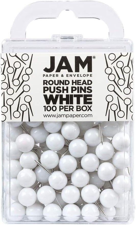 JAM PAPER Colorful Push Pins - Round Head Map Thumb Tacks - White Pushpins - 100/Pack