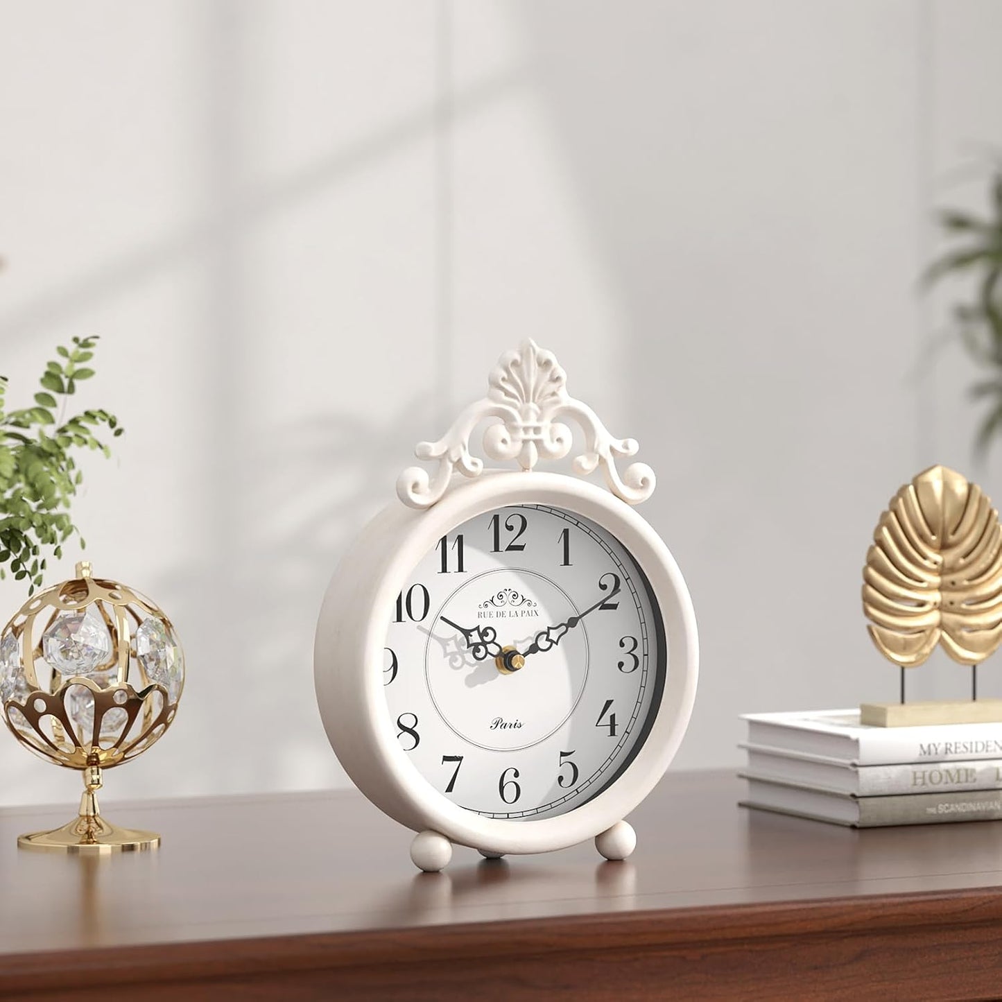 Vintage White Table Clock, Desk and Shelf Mantel Clock, French Rustic Antique Style Decor Clocks, for Farmhouse, Bedroom, Living Room, Bedside, Gift (9" H x 6.3" W)