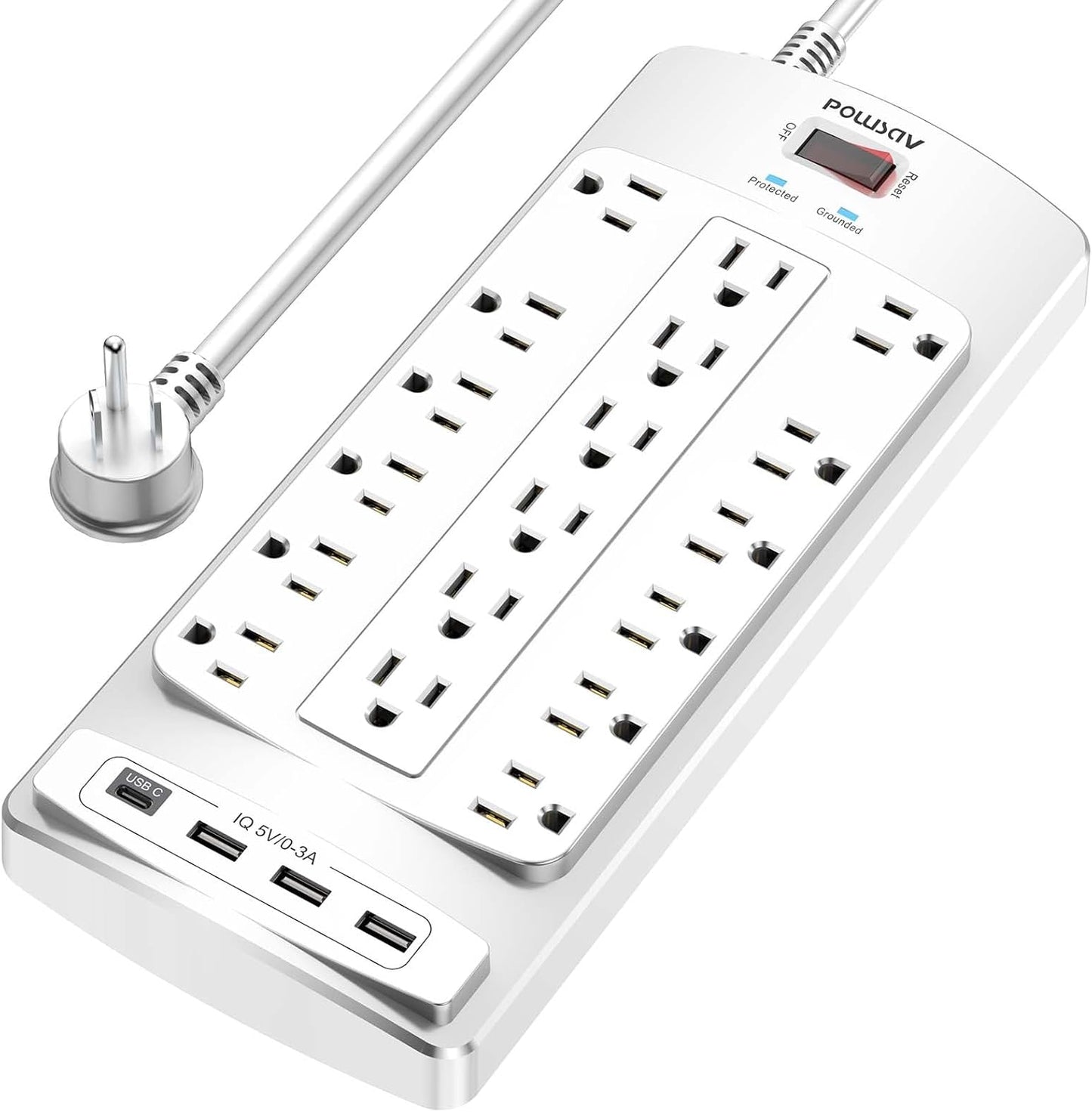 18 Outlets Surge Protector Power Strip - 6 Feet Flat Plug Heavy Duty Extension Cord with 18 Widely Outlets and 4 USB Ports, 2100 Joules, White, ETL Listed