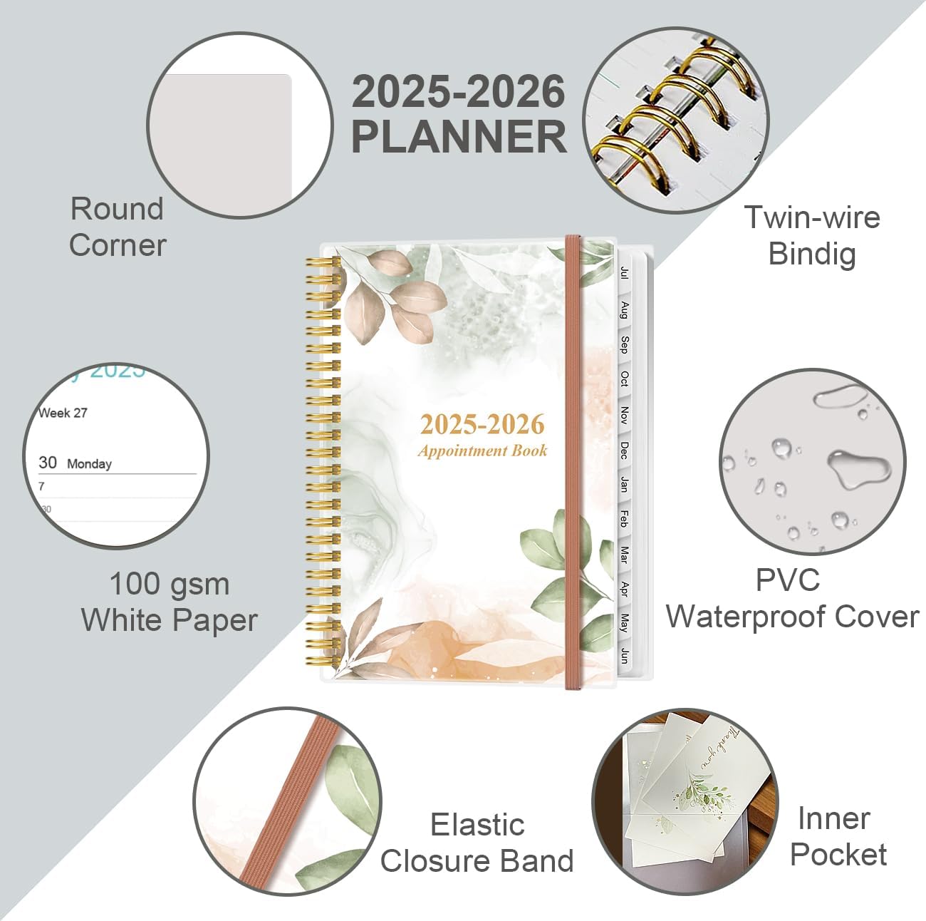 2025-2026 Appointment Book & Planner - 2025-2026 Daily Hourly Planner from July 2025 - June 2026, Weekly Appointment Book with 30-Minute Interval, Medium 6.4" x 8.5", Rose Leaf