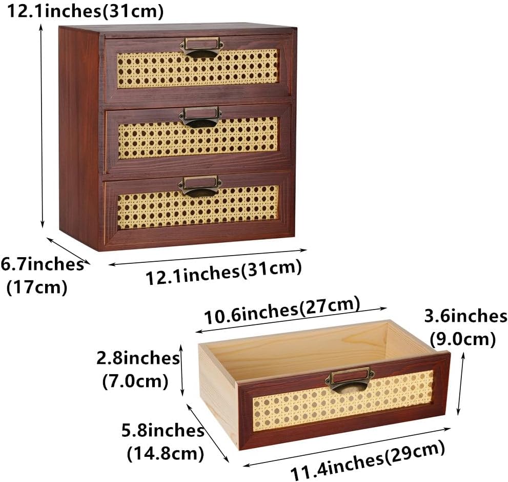 Desktop Drawers Organizer Card Catalog Drawer Card Cabinet Small Wooden Drawers Vintage Wooden Box with Drawers Boho Desk Organizers Library Card Catalog Cabinet (RATTAN-BROWN)
