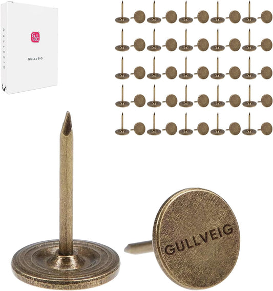 Gullveig Bronze Push Pins and Thumb Tacks: Heavy Duty Flat Upholstery, Long Carpet Tacks, and Decorative Nails for Wood and Fabric, 50 Count