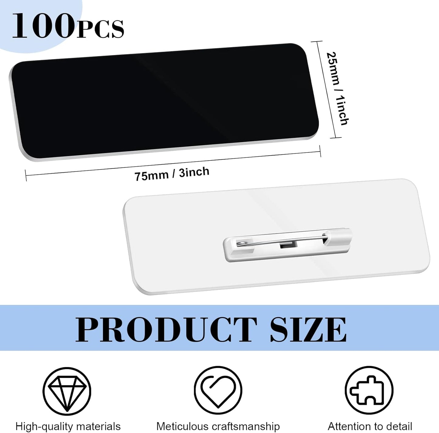 Breling 100 Pieces Name Tags with Pins 1 x 3 Inches Blank Name Tags Reusable ID Badge Holders with Clip for Office Workers Students Employee Custom(Black)