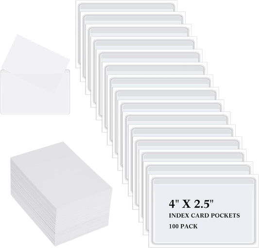 Outus 100 Pieces Self Adhesive Index Card Pockets with Blank Cards 4 x 2.5 Clear Adhesive Pockets Label Holders Bin Labels for Storage Bins Organizing Box Drawer