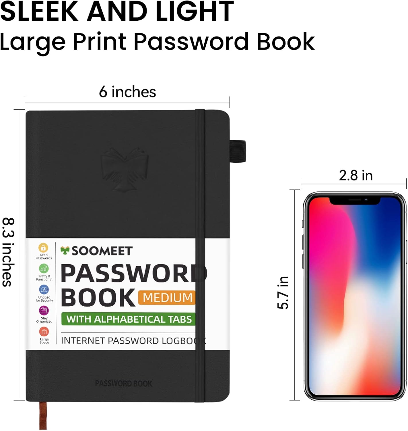 Password Book with Alphabetical Tabs, Hardcover Password Keeper, A5 Size 8.3"x6" Password Notebook for Saving Internet Login, Username, Password Organizer for Computer & Website Logins(Black)