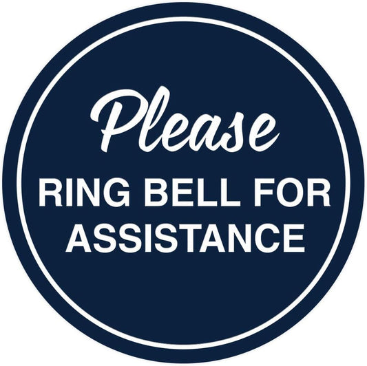 Signs ByLITA Circle Please Ring Bell For Assistance Wall or Door Sign | Easy Installation | Front Desk Reception Sign (Navy Blue/White) - Small (10 Pack)