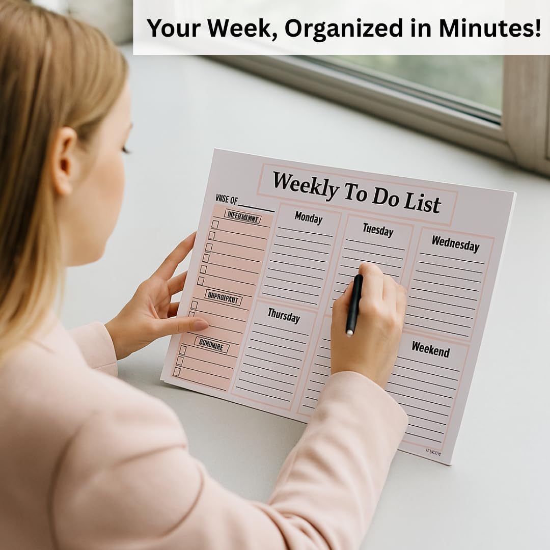 Weekly To Do List Notepad - Weekly Planner Notepad, ADHD Planner for Adults, 50 Tear-Off 8.5" x 11" Sheets, Extra Thick Backing
