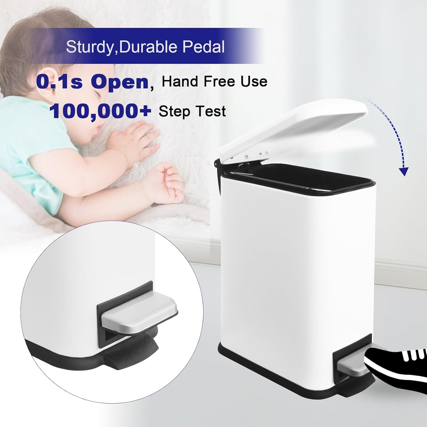 Bathroom Trash Can with Lid，5 Liter / 1.3 Gallon Small Trash Can with Removable Liner Bucket, Soft Close lid & Step Pedal, Stainless Steel Trash Bin for Bathroom,Bedroom,Home Office, White