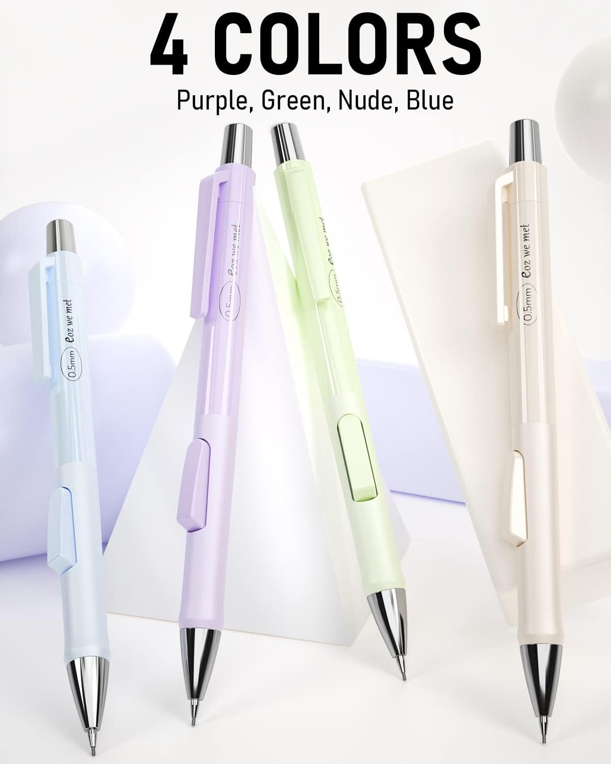Nicpro 4PCS Pastel Mechanical Pencil 0.5mm, Cute Fast Click Mechanical Pencils Set with 100PCS HB Lead Refills, Erasers and Eraser Refills, Aesthetic School Supplies for Writing, Drawing, Sketching