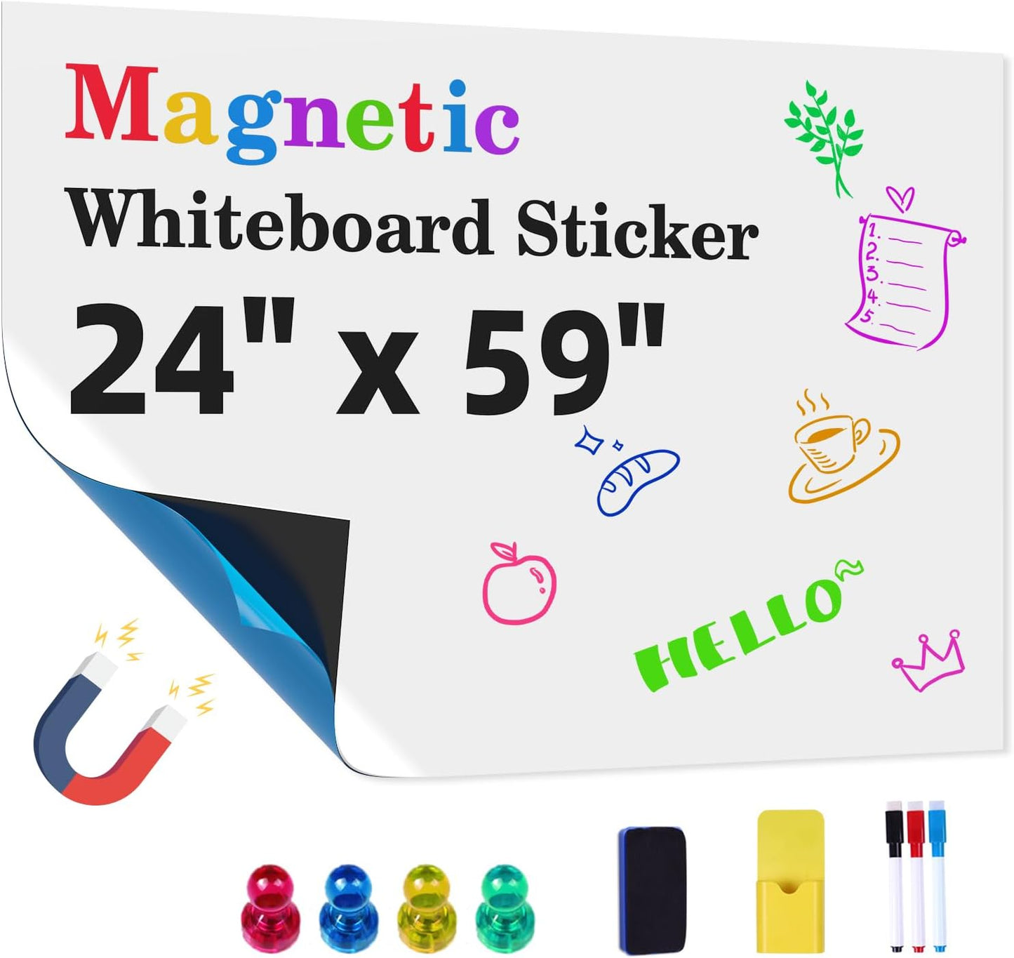 Magnetic Whiteboard Contact Paper 24" x 59" Peel and Stick Dry Erase White Board for Wall Self-Adhesive Decal Wallpaper Sticker for Office, Home, with Marker, Eraser and Magnet