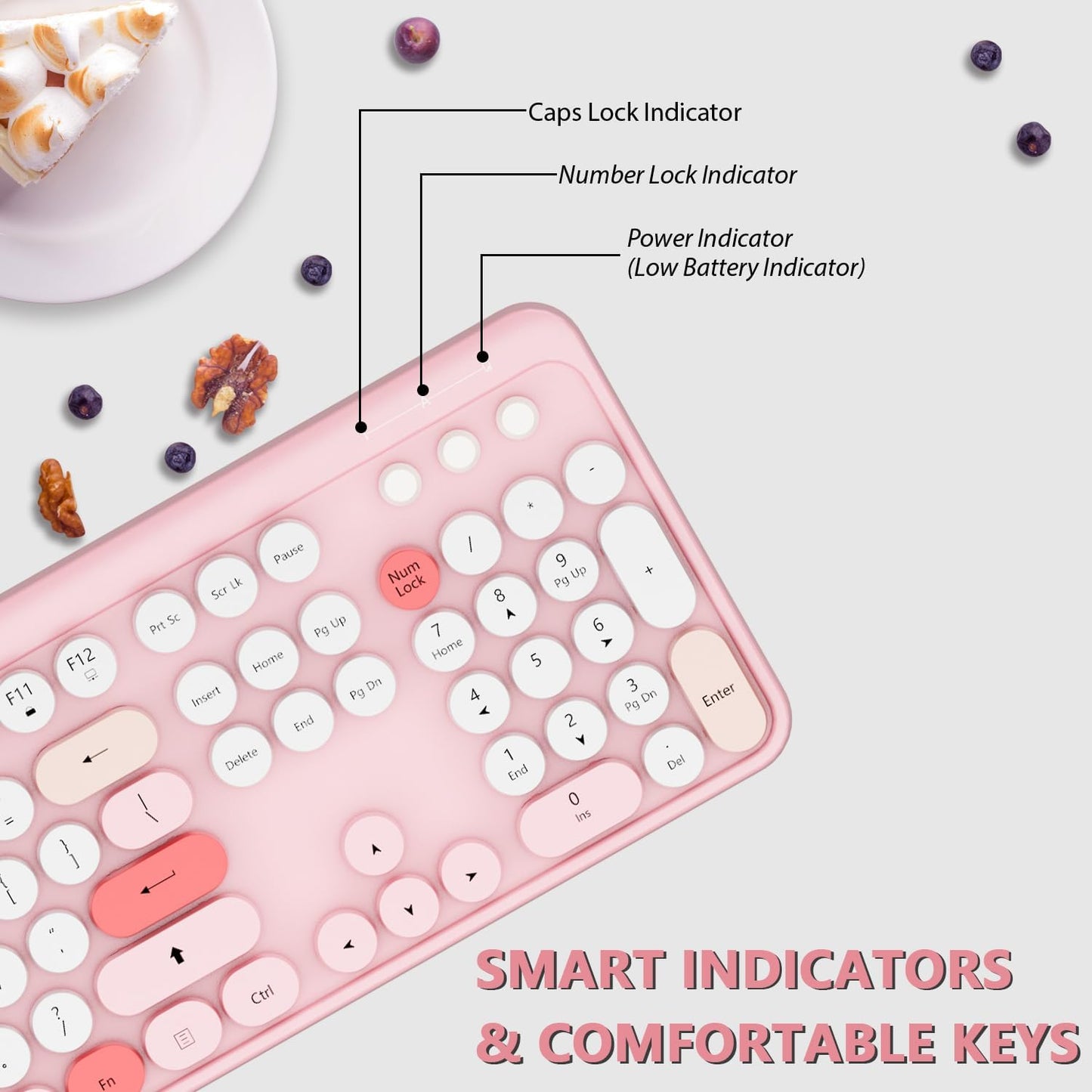 Wireless Keyboard,KOOTOP Cute Colorful 104 Keys Typewriter Retro Round Keycaps Keyboard for PC Laptop,Desktop,Windows, Home and Office Keyboards (Pink)
