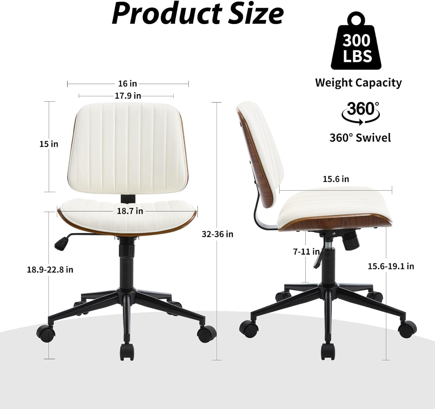 Small Home Office Chair - Armless Mid Back Desk Chair with 360° Swivel and Wheels, PU Upholstered Height Adjustable Modern Walnut Computer Chair for Home, Office Meeting Room - Black