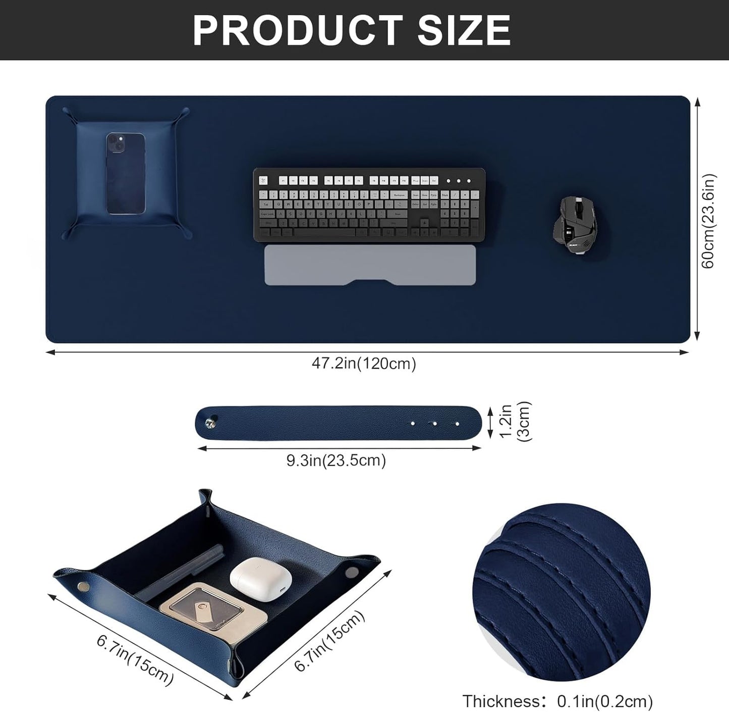 DAWNTREES Dual Sided Desk Mat,Blue Leather Desk Pad,47.2''x23.6'',Cork Desk Mat Protector,120x60cm Extra Large Mouse Pad,with PU Leather Valet Tray Organizer,Desk Writing Pad for Office and Home