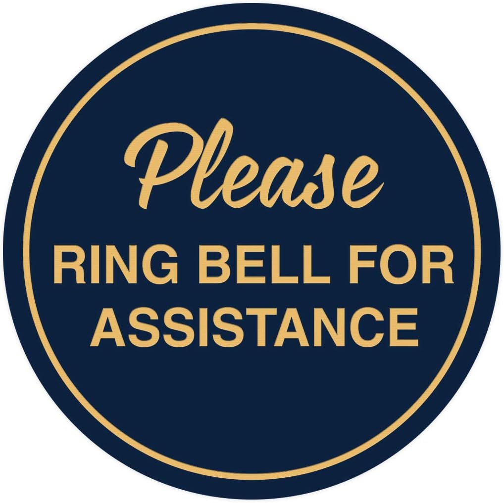 Signs ByLITA Circle Please Ring Bell For Assistance Wall or Door Sign | Easy Installation | Front Desk Reception Sign (Navy Blue/Gold) - X-large (5 Pack)