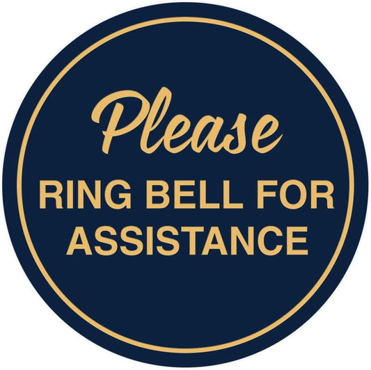 Signs ByLITA Circle Please Ring Bell For Assistance Wall or Door Sign | Easy Installation | Front Desk Reception Sign (Navy Blue/Gold) - X-large (5 Pack)