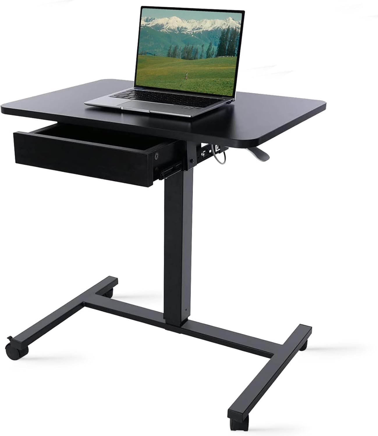 CLATINA Mobile Laptop Standing Desk, Height Adjustable Teacher Podium with Lockable Wheels, Adjustable Work Table with Drawer, Computer Cart Overbed Table for Home Office Classroom, Black