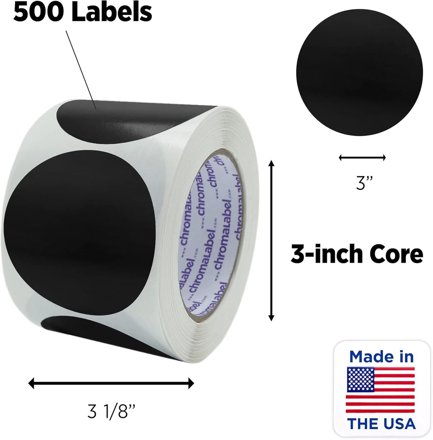 ChromaLabel 3 Inch Round Label Permanent Color Code Dot Stickers, 500 Labels per Roll, Black