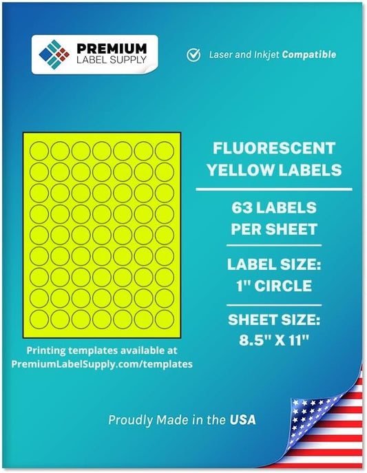 Premium Label Supply Bright Neon Color Fluorescent Sticker Labels - 1" Round Labels - (Fluorescent Yellow, 1,575 Labels)