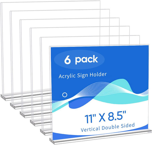 Acrylic Sign Holder 11 x 8.5, Horizontal 6 Pack Clear Double Side T Shape Acrylic Table Sign Stands for Displaying, Flyer Holder Paper Card Holder for Office Business Store Restaurants