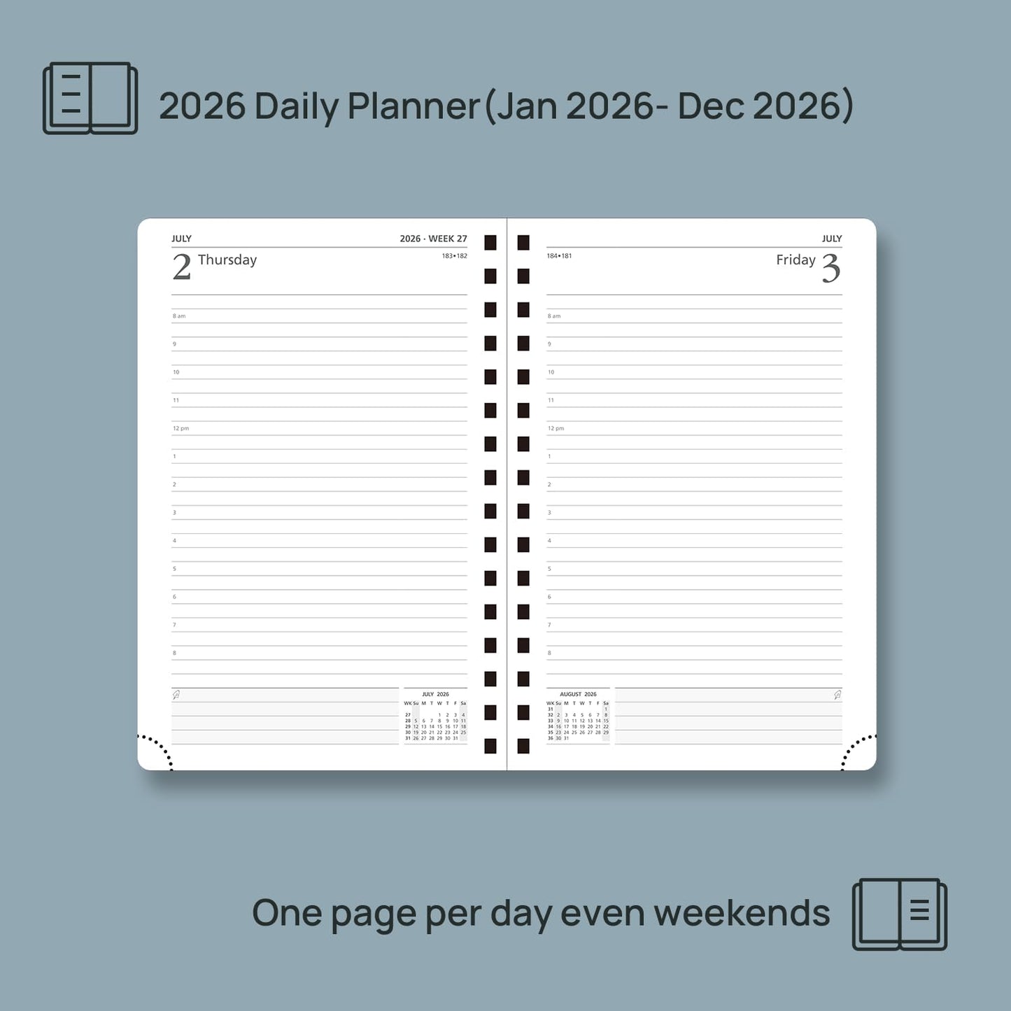 POPRUN 2026 Daily Planner One Page A Day - [8.5" x 5.75" Wire-Bound Hard Cover] Agenda 2026 Hourly Appointment Book with Monthly Calendar, Inner Pocket, Ivory Paper - Black