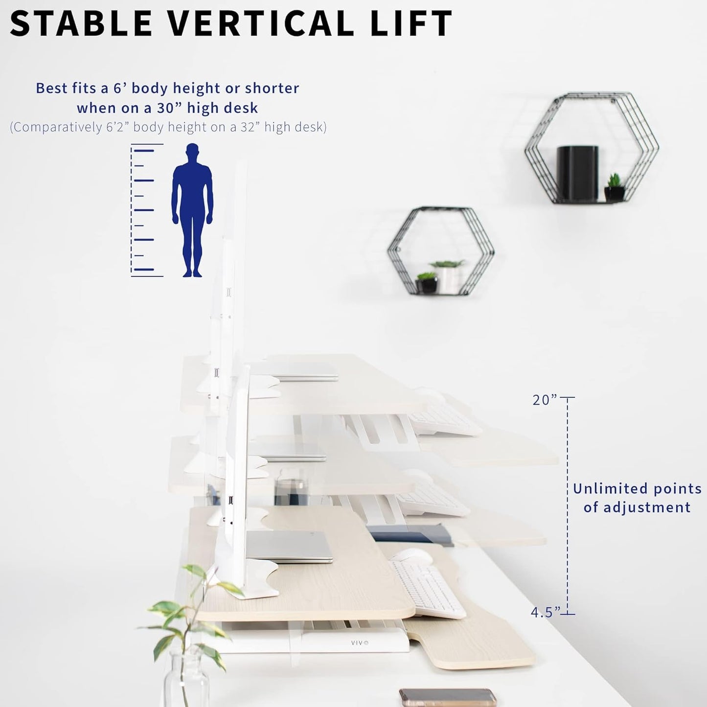 VIVO 42 inch Desk Converter, K Series, Height Adjustable Sit to Stand Riser, Dual Monitor and Laptop Workstation with Wide Keyboard Tray, Light Wood Top, White Frame, DESK-V042KF