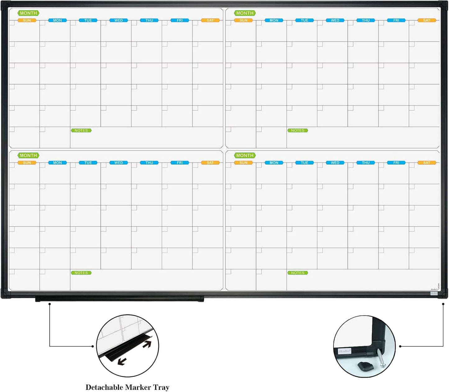 JILoffice Magnetic Dry Erase Calendar Whiteboard, 4 Month White Board Planner 36 X 24 Inch, Black Aluminum Frame Wall Mounted Board for Office Home and School