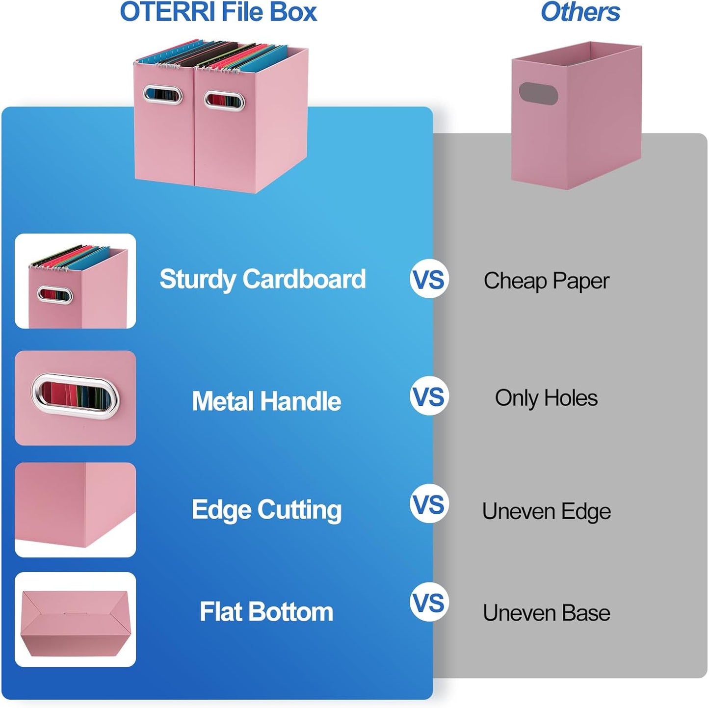 Oterri File Organizer, 6 Packs Small Storage Box, Cardboard File Folder Organizer, Collapsible File Box for Hanging File Folders Letter Size, Portable Filing Organizer with Handle（Pink）