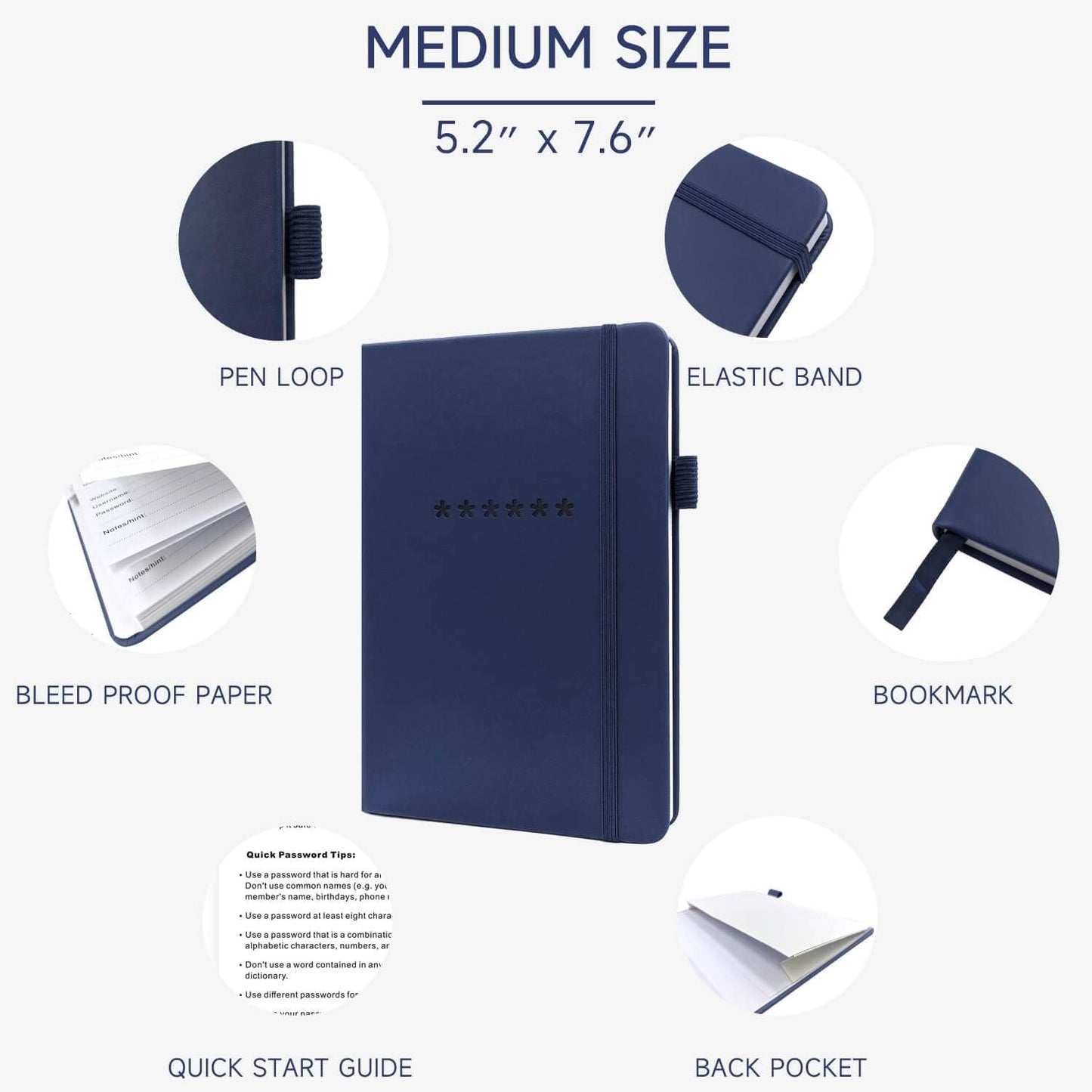 Password Book with Alphabetical Tabs – Hardcover Internet Address & Password Organizer – Password Keeper Notebook for Computer & Website – 5.2 x 7.6" Log-in Password Journal w/Thick Paper (Navy Blue)