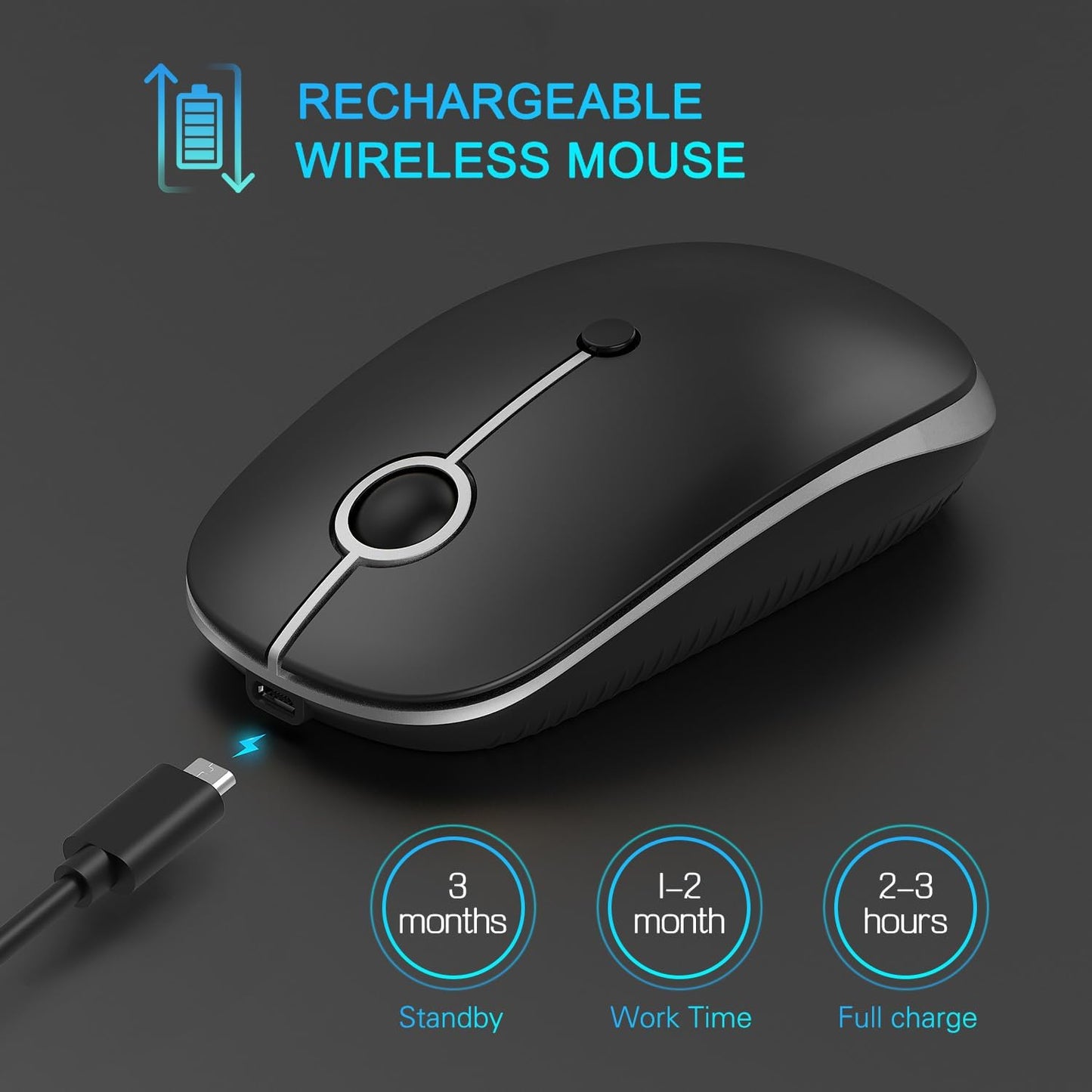 Type C Wireless Mouse，Vssoplor USB C MacBook Wireless Mouse Dual Mode 2.4G Cordless Mice with Nano USB and Type C Receiver Compatible with PC, Laptop, MacBook and All Type C Devices-Black and Silver