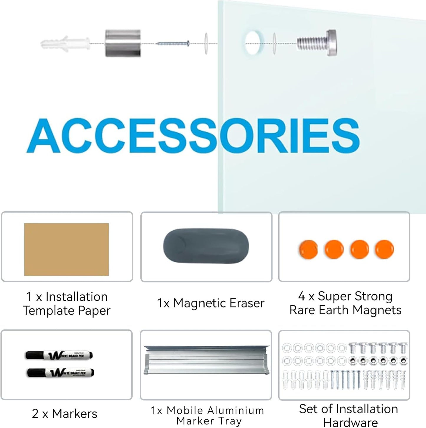 Magnetic Glass Whiteboard - 60"x36" Dry Erase White Board Frameless Glass Boards with Super Strong Magnets, Wall Mounted for Office, School and Home