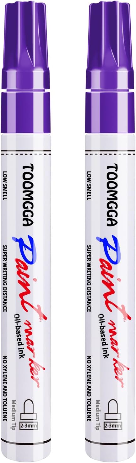 Purple Permanent Paint Pens - 2 Pack Oil Based Paint Markers, Pens for Rock Painting Car Tyre Metal, Plastic, Canvas, Mugs, Wood, Glass, Quick Drying and Waterproof, Medium Point
