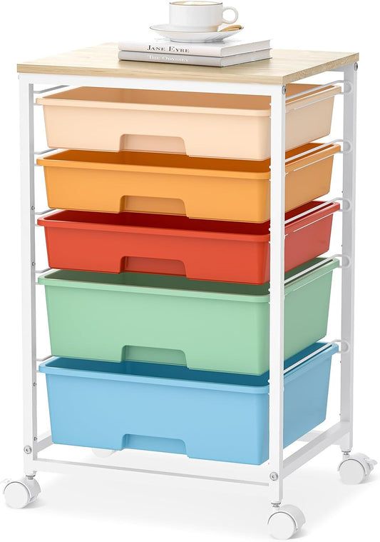 Craft cart,Rolling Cart with Drawers,Storage Cart with 5 Drawers and Wooden Tabletop for Under Desk Organizers and Storage,Macaron