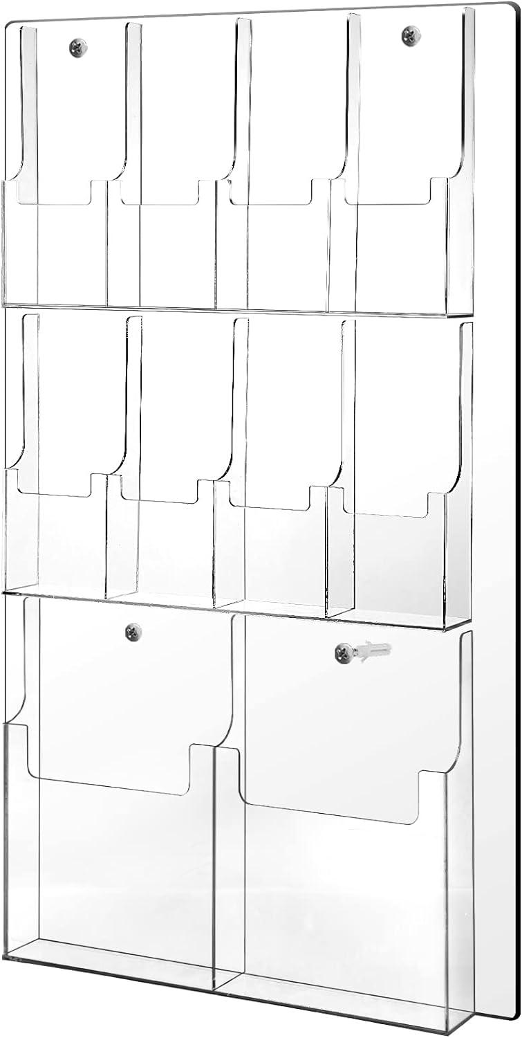 Weysat Acrylic Brochure Holder Wall Mount, Clear Plastic Pamphlet Holder Magazine Display Trifold Flyer Rack Hanging Literature Storage Organizer(2 Magazine Pockets, 8 Pamphlet Pockets)