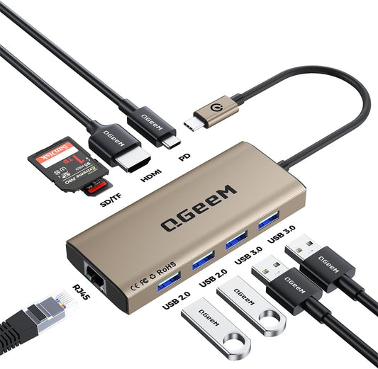 QGeeM USB C Hub Ethernet,9 in 1 USB Type C Hub HDMI Multi-Port Converter Adapter,100W Pd, USB 3.0,SD/TF Card Reader,Compatible for MacBook Pro Air Ipad HP Dell Lenovo Chromebook etc.-Brown