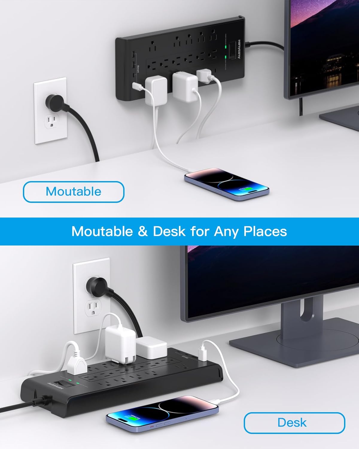 Extension Cord 15 Ft, HANYCONY Power Strip with 16 Oultets 4 USB Ports(2 USB C), 2700 Joules Heay Duty Surge Protector, Flat Plug, Wall Mount for Home Office, ETL Listed, Black