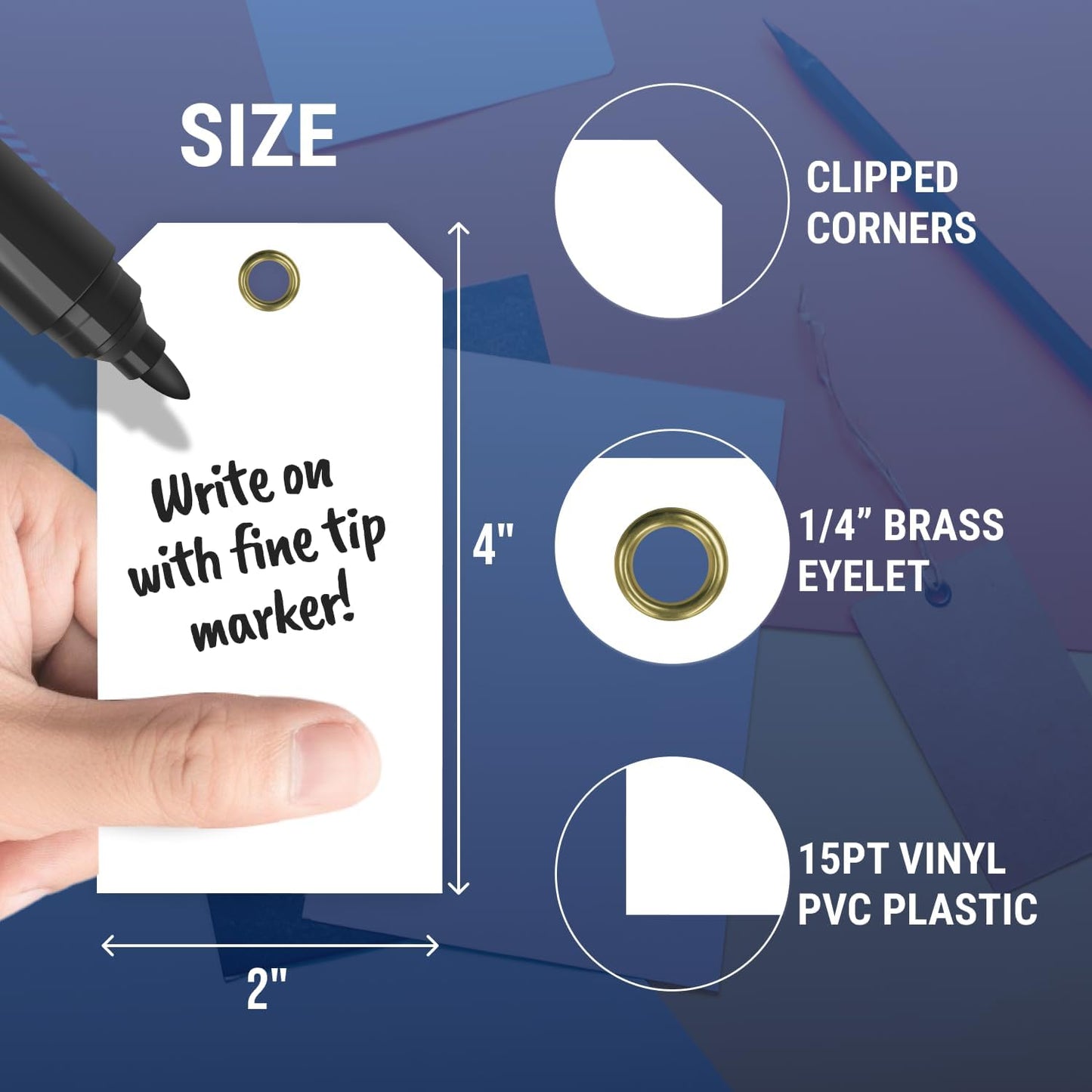 Tags 4 Less 15 Mil Waterproof Plastic Tags, Pack of 100 – 2” x 4” Heavy Duty Plastic Tags for Labeling, Outdoor Tagging, Equipment Labeling, Luggage, Valves & More (White)