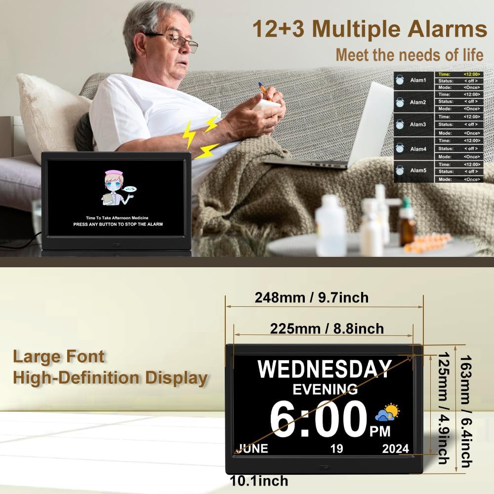 Extra Large Impaired Vision Digital Alarm Clock with Day and Time for Elderly Calendar Clock Auto Dimmable Clock (10.1 Inch Black)