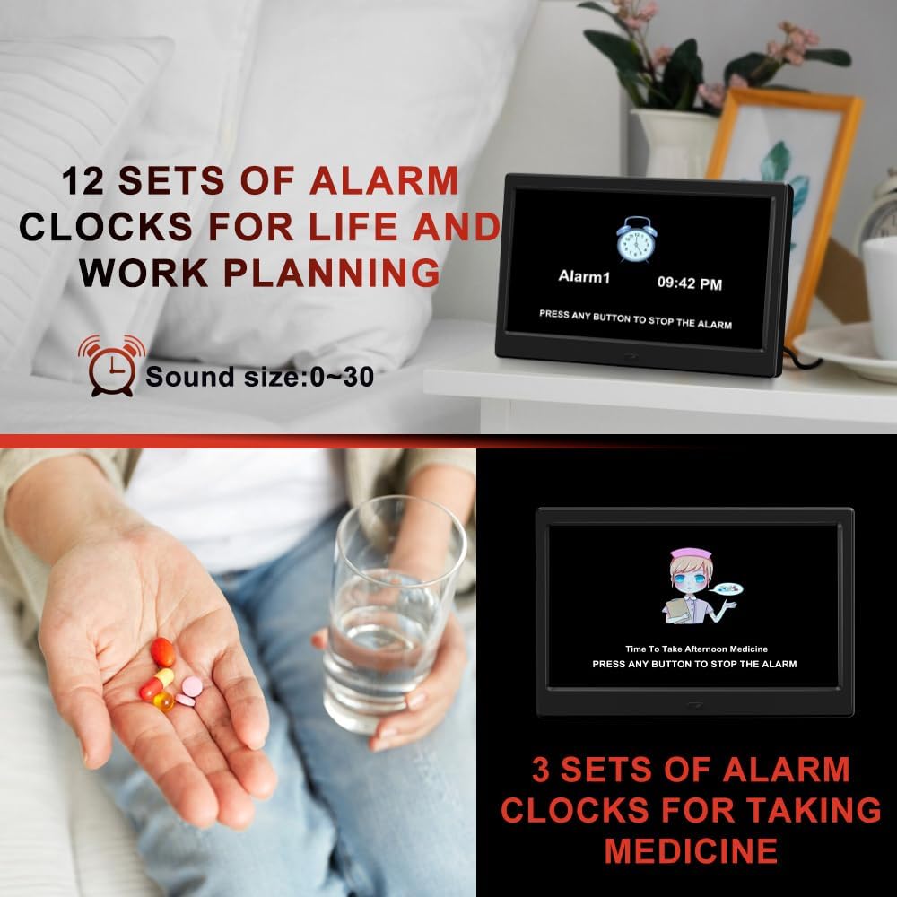 Alarm Clock with Day and Date for Elderly Digital Calendar Clock Photo Frame- Auto Dimmable Display 15 Alarm Options (10 Inch Black)